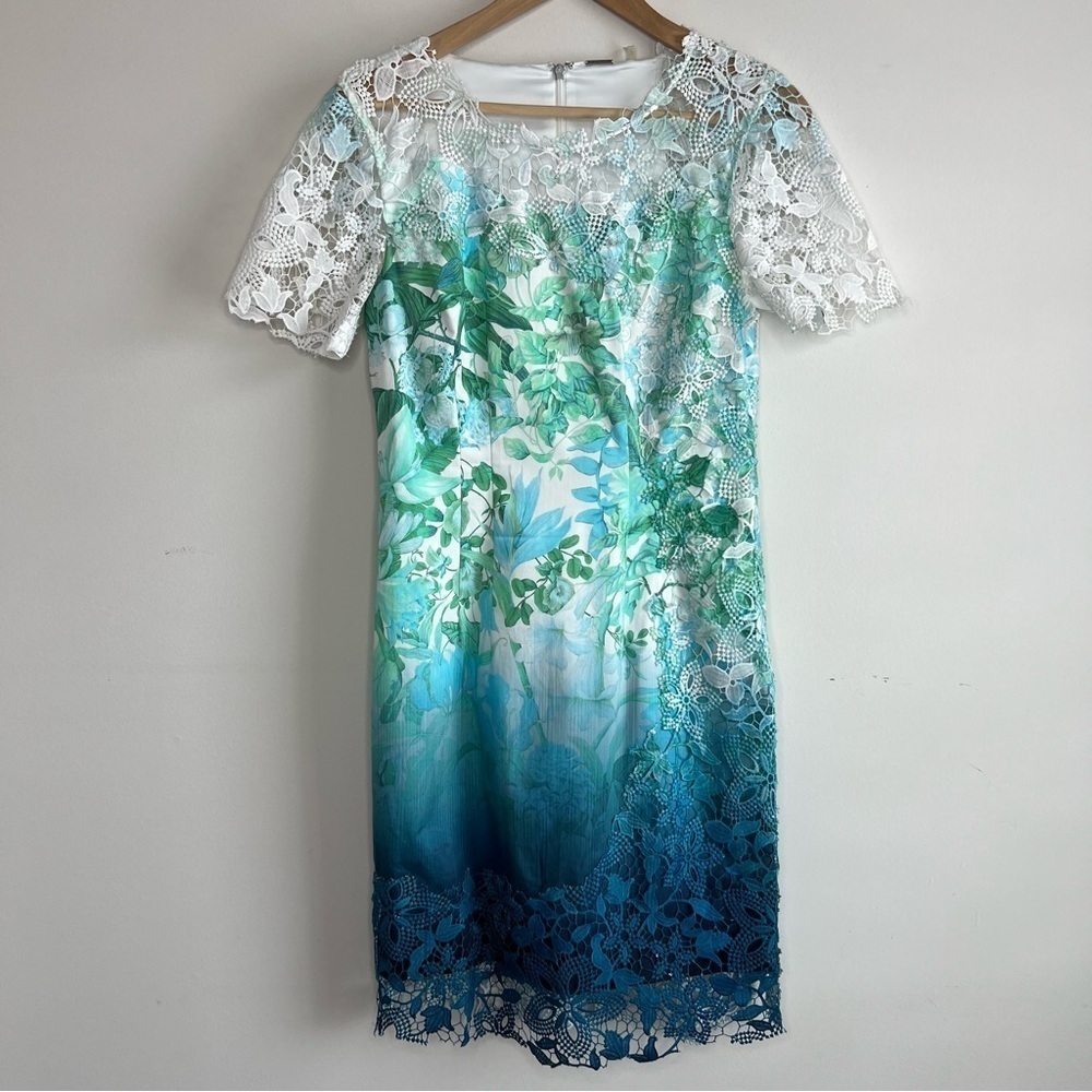 Elie Tahari Short-Sleeve Lace-Trim Ombre Organdy Dress, Green Pattern Size 4 - Picture 2 of 12